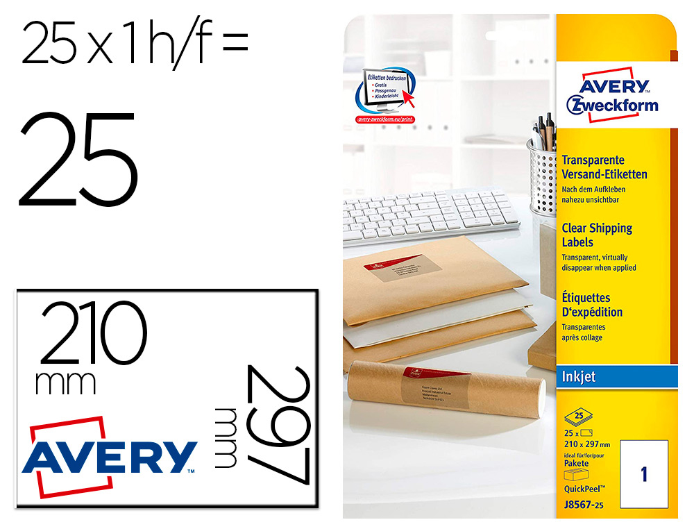 ETIQUETTE AUTOCOLLANTE AVERY ADRESSE JET ENCRE TRANSPARENT 210 X 297MM BOITE DE 25