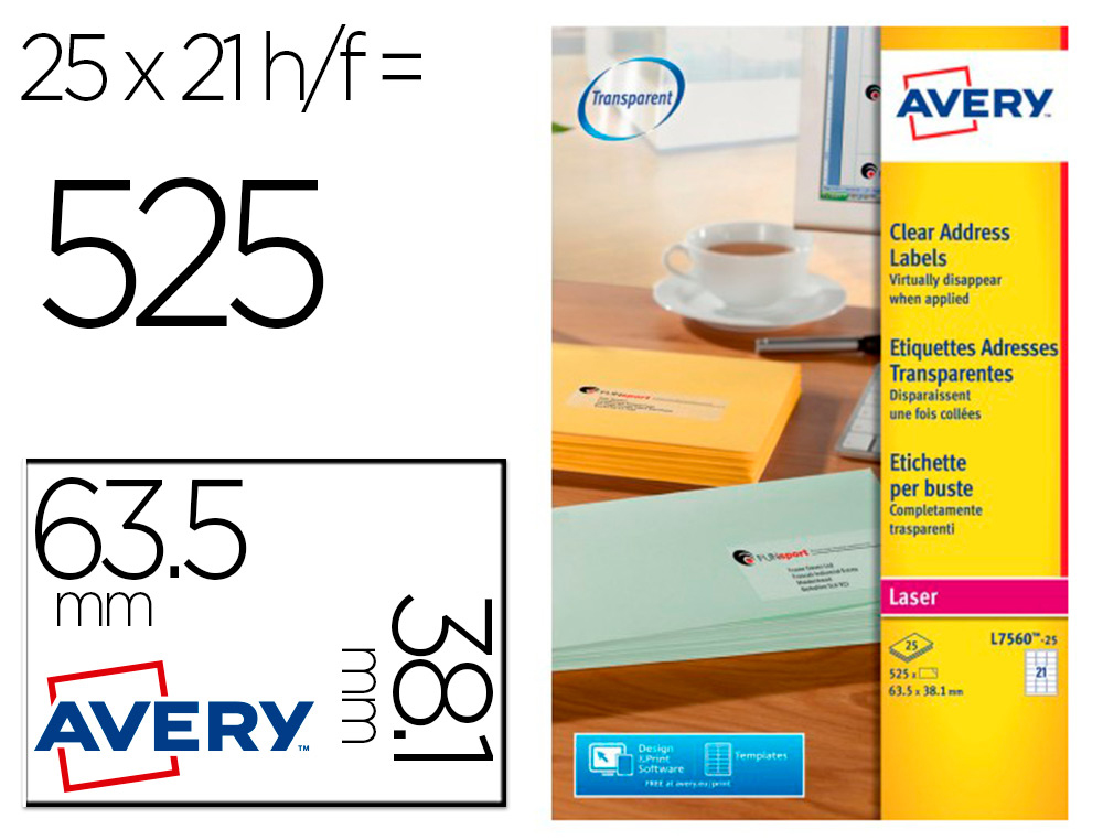 ETIQUETTE AUTOCOLLANTE AVERY ADRESSE JET ENCRE TRANSPARENT 63,5 X 38,1 MM BOITE DE 525