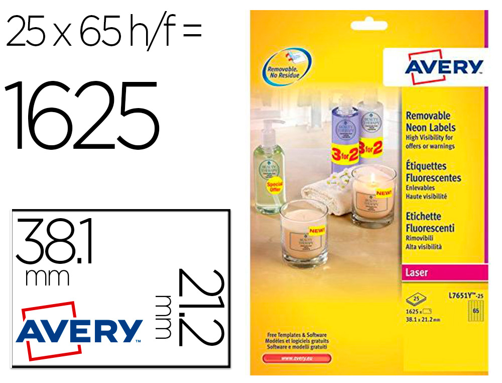 ETIQUETTE AVERY FLUORESCENTE LASER JAUNE 38,1 X 21,2MM     BOITE DE 1625