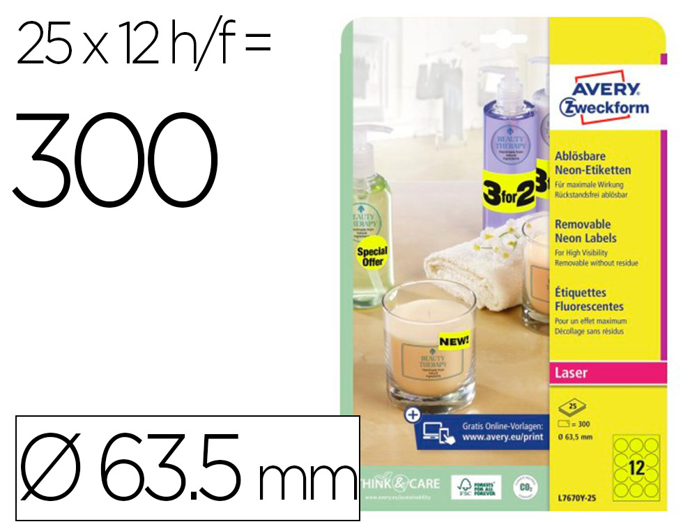 ETIQUETTE AVERY FLUORESCENTE LASER JAUNE   63,5 MM BOITE   DE 300