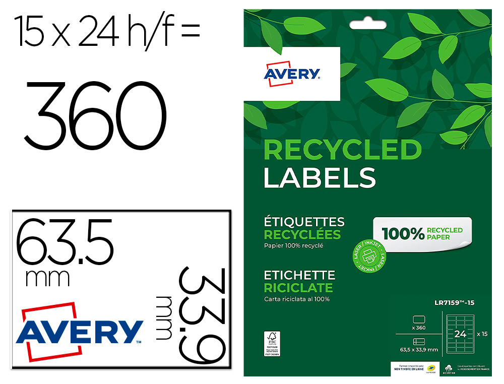 ETIQUETTE AUTOCOLLANTE AVERY ADRESSE RECYCLEE LASER BLANC  63,5 X 33,9MM BOITE DE 360