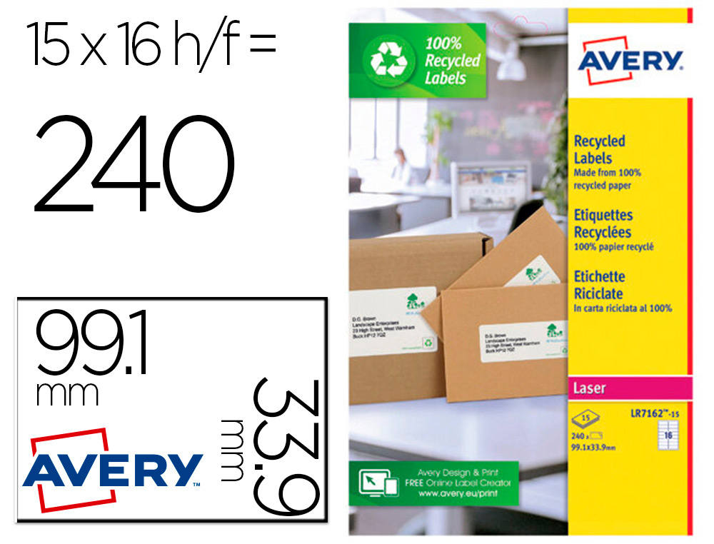 ETIQUETTE AUTOCOLLANTE AVERY ADRESSE RECYCLEE LASER BLANC  99,1 X 33,9MM BOITE DE 240