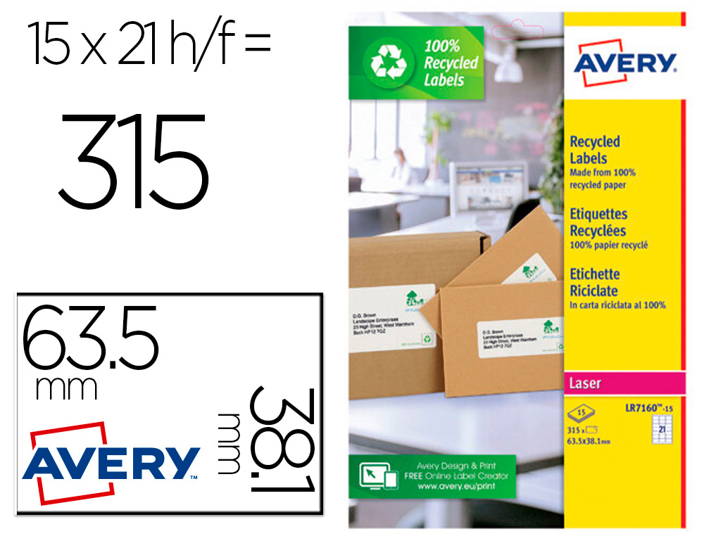 ETIQUETTE AUTOCOLLANTE AVERY ADRESSE RECYCLEE LASER BLANC  63,5 X 38,1MM BOITE DE 315