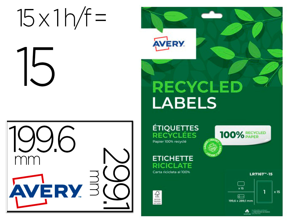 ETIQUETTE AUTOCOLLANTE AVERY ADRESSE RECYCLEE LASER BLANC  199,6 X 289,1MM BOITE DDE 15