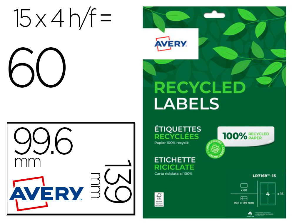 ETIQUETTE AUTOCOLLANTE AVERY ADRESSE RECYCLEE LASER BLANC  99,1 X 139MM BOITE DE 60