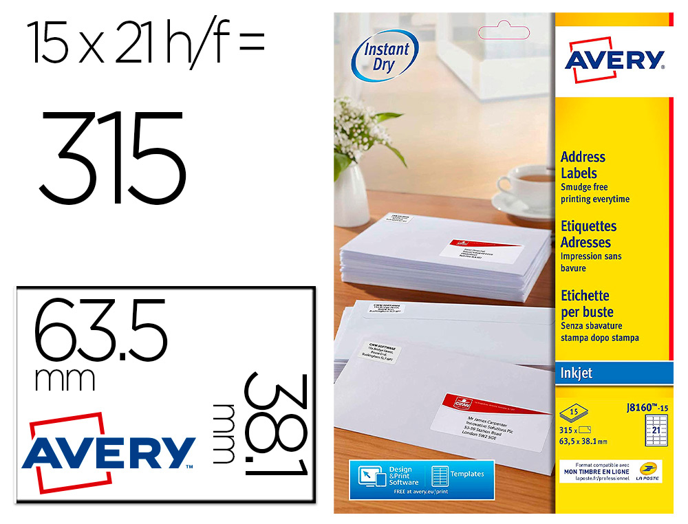 ETIQUETTE AUTOCOLLANTE AVERY ADRESSE RECYCLEE LASER BLANC  63,5 X 38,1 BOITE DE 315