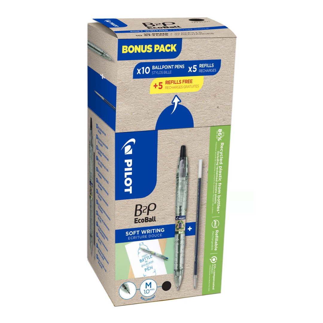 PACK PILOT BEGREEN B2P ECOBALL 10 STYLOS-BILLE POINTE MOYENNE + 10 RECHARGES BLEU
