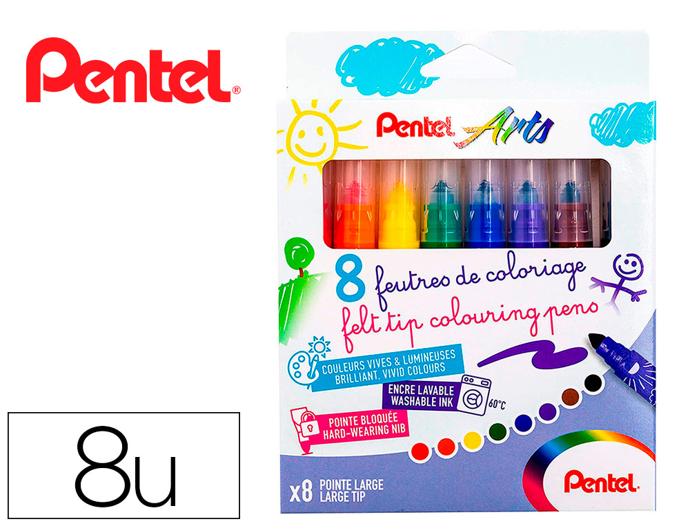 BOITE DE 8 FEUTRES DE COLORIAGE PENTAL ENCRE ULTRA  LAVABLE POINTE LARGE 1,6MM