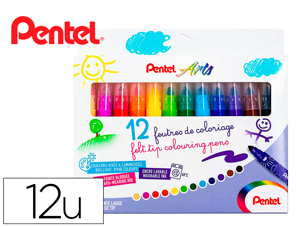 BOITE DE 12 FEUTRES DE COLORIAGE PENTAL ENCRE ULTRA  LAVABLE POINTE LARGE 1,6MM