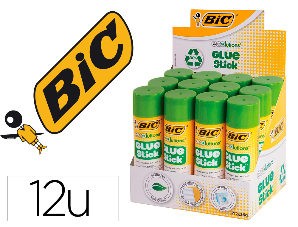 COLLE BIC  ECOLUTIONS  GLUE STICK - LAVABLE - TUBE DE 36  GR BOITE DE 12