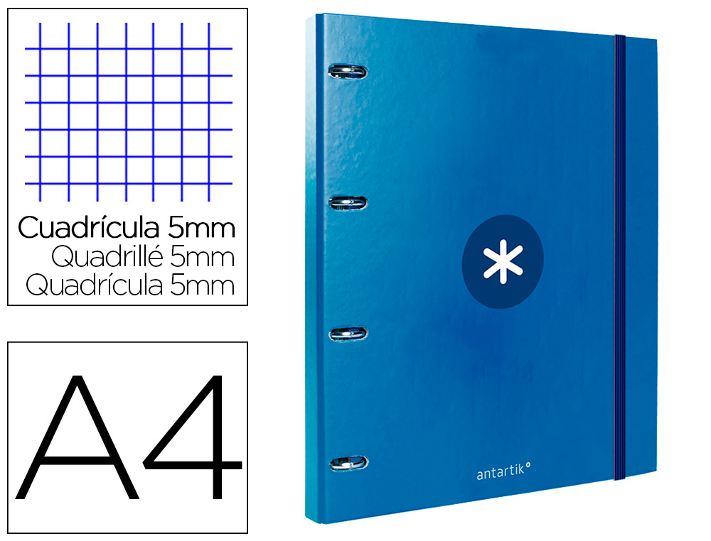 CLASSEUR ANTARTIK 4 ANNEAUX RONDS 25MM A4 CARTON REMBORDE FEUILLETS MOBILES 5X5 BLEU    MARINE