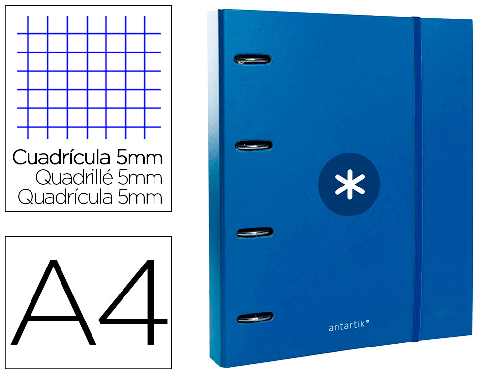 CLASSEUR ANTARTIK 4 ANNEAUX RONDS 40MM A4 CARTON REMBORDE FEUILLETS MOBILES Q5X5 COLORISBLEU