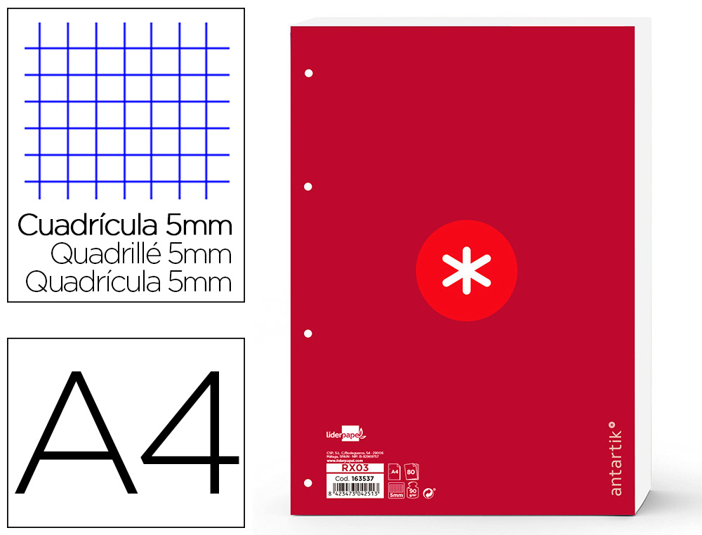 FEUILLET MOBILE ANTARTIK A4 80FEUILLES 100G QUADRILLAGE 5MM 4 TROUS BORD COLORIS FRAMBOISE