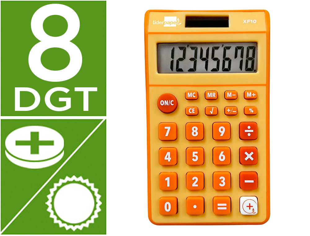CALCULATRICE DE POCHE LIDERPAPEL XF10 8 CHIFFRES    SOLAIRE ET PILES 115X65X8 MM  COLORIS ORANGE