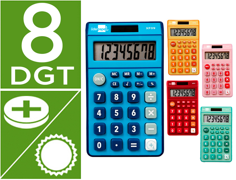 CALCULATRICE DE POCHE LIDERPAPEL XF09 8 CHIFFRES    SOLAIRE ET PILES 115X65X8 MM  PRESENTOIR DE 16U