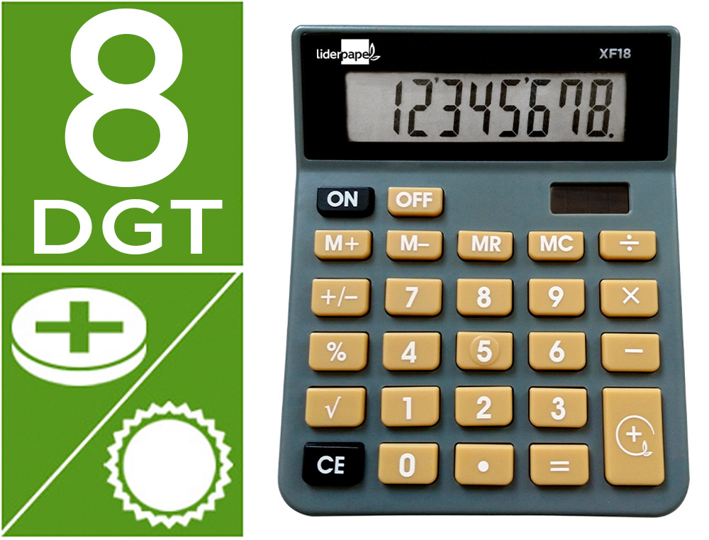 CALCULATRICE DE BUREAU LIDERPAPEL XF18 8 CHIFFRES    SOLAIRE ET PILES 127X105X24   MM COLORIS GRIS