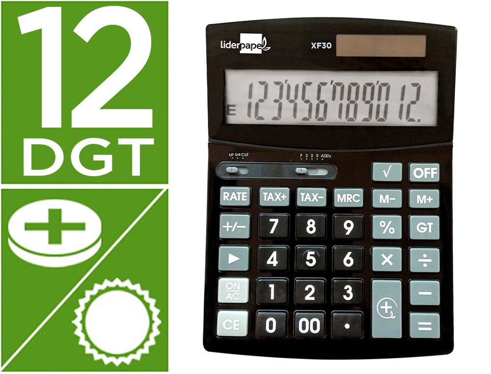 CALCULATRICE DE BUREAU LIDERPAPEL XF30 12 CHIFFRES   CORRECT AUTO-REPLAY SOLAIRE   ET PILES COLORIS NOIR