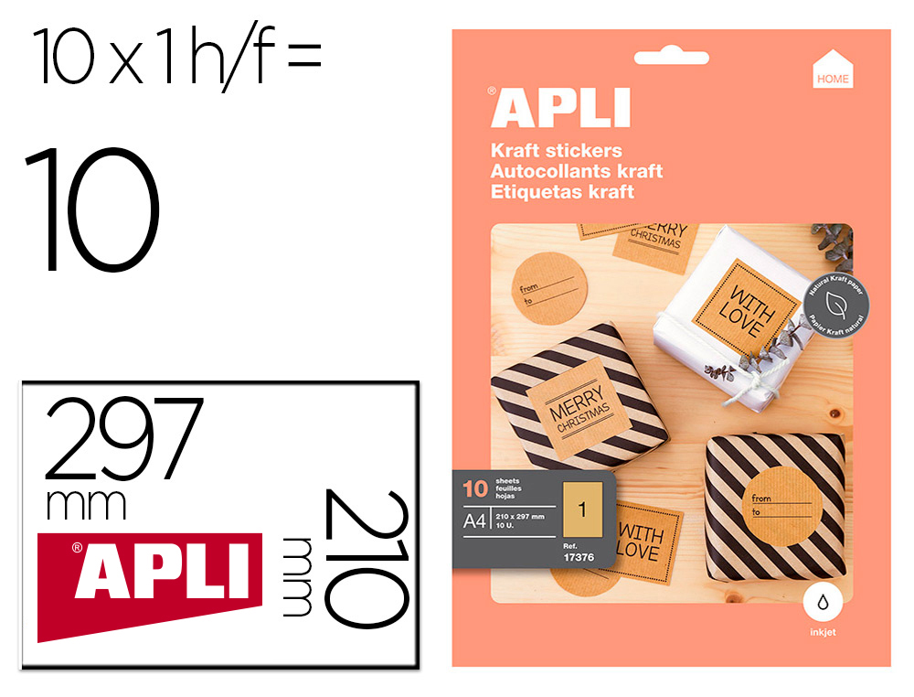 ETIQUETTE APLI KRAFT JET D ENCRE 210X297MM PAQUET DE   10 FEUILLES