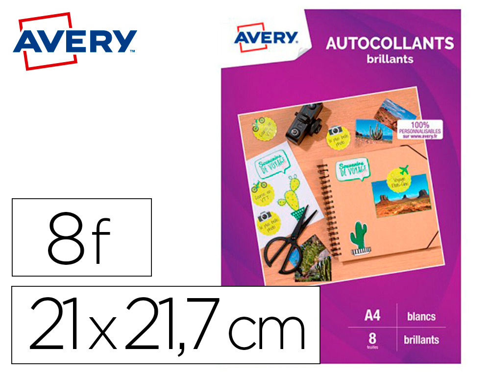 AUTOCOLLANTS AVERY BRILLANT A4 JET D ENCRE PAQUET DE 8    COLORIS BLANC