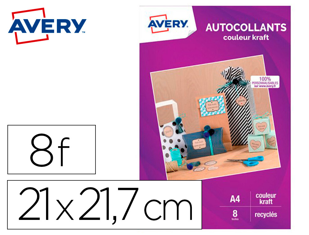 AUTOCOLLANT AVERY 100% RECYCLE A4 JET D ENCRE OU     LASER PAQUET DE 8 COLORIS     KRAFT