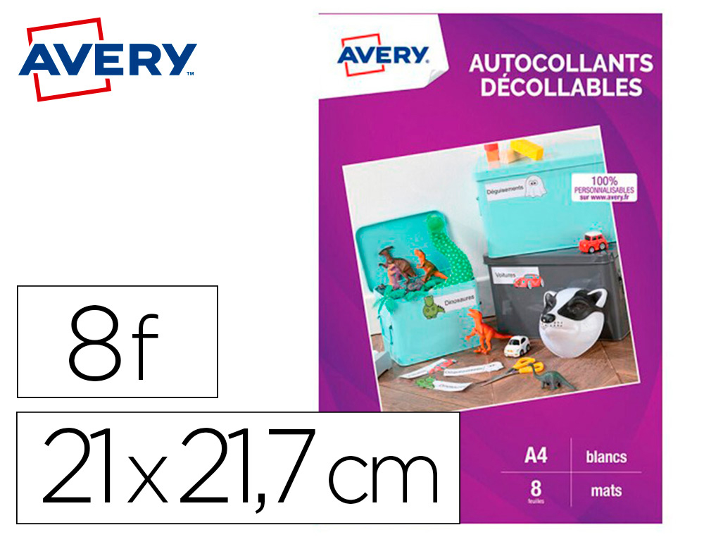 AUTOCOLLANT AVERY DECOLLABLE A4 JET D ENCRE PAQUET DE 8    COLORIS BLANC MAT