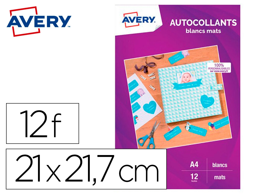 AUTOCOLLANT AVERY A4 JET D ENCRE PAQUET DE 12 COLORIS  BLANC MAT