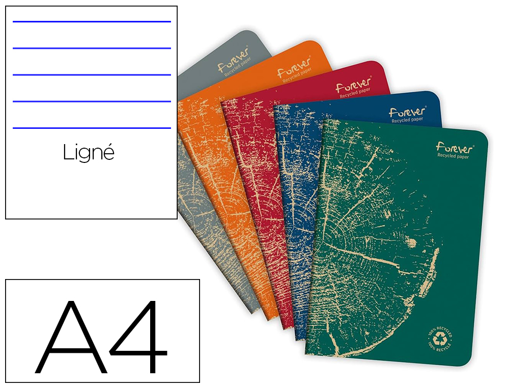 CAHIER CLAIREFONTAINE FOREVER PREMIUM A4 90G RECYCLE 96     PAGES LIGNE COLORIS ASSORTIS