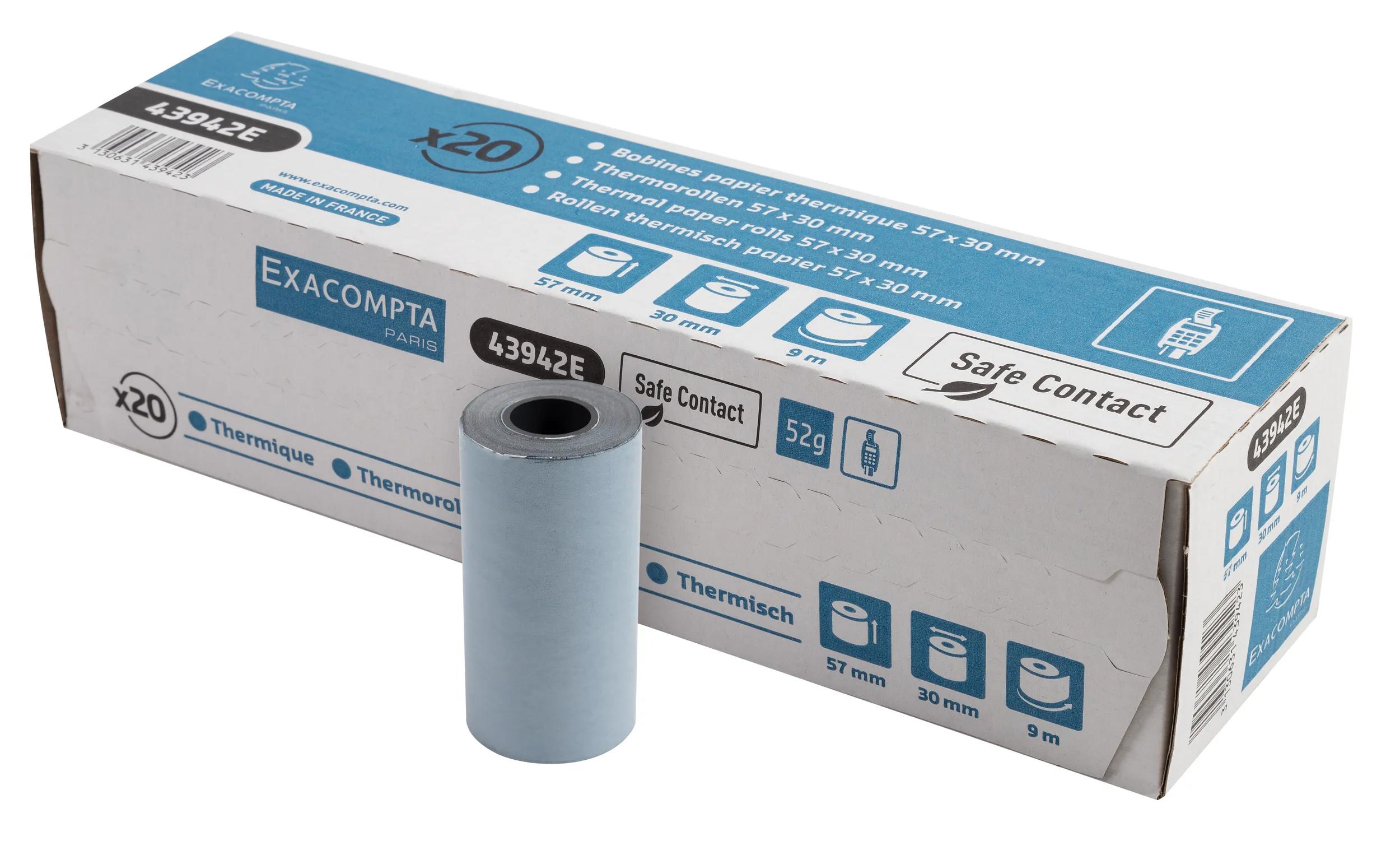 BOBINE THERMIQUE EXACOMPTA EXABLUE TPE 57X30MM 55G LONG. 9M IMPRESSION VERSO TRES LONGUE CONSERVATION BOITE 20 UNITES