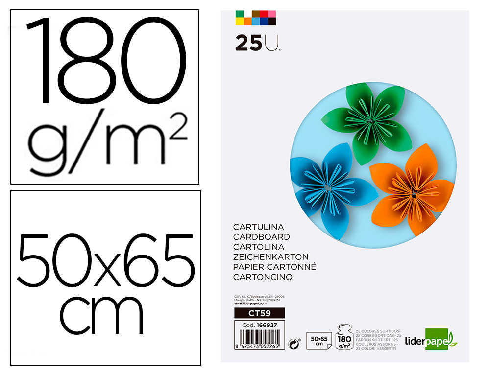 PAPIER CARTONNE LIDERPAPEL 50X65CM 180GR COLORIS         ASSORTIS PAQUET 25 FEUILLES