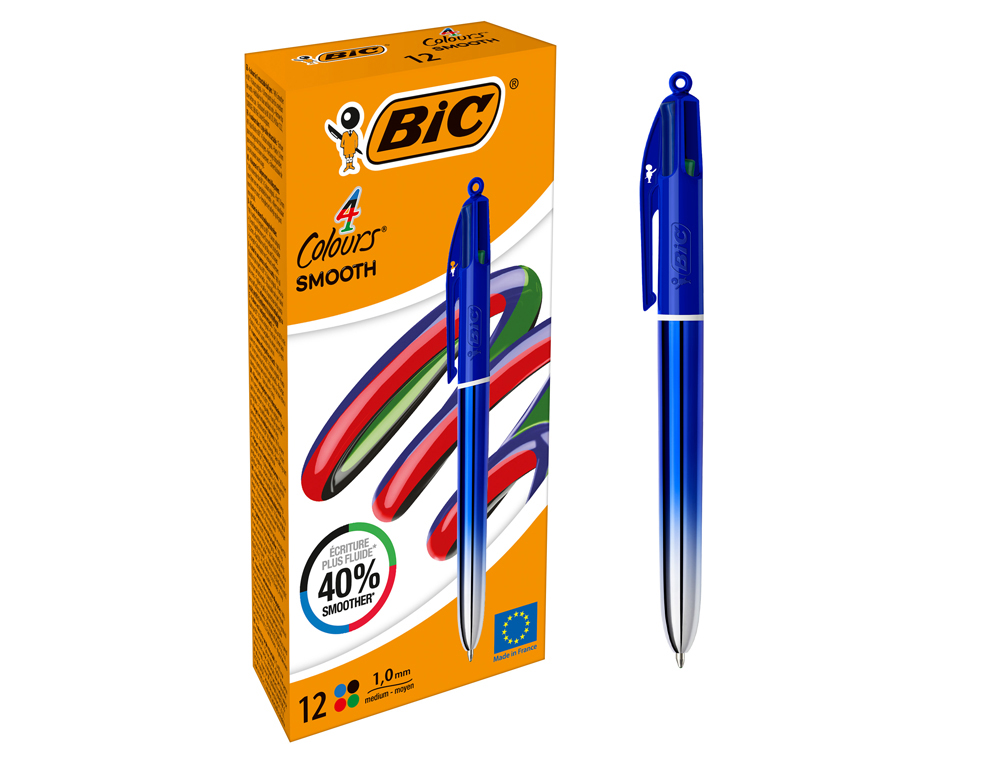 STYLO-BILLE BIC 4 COULEURS SMOOTH POINTE MOYENNE 1MM     RETRACTABLE RECHARGEABLE      CORPS METALLIQUE IRISE BLEU