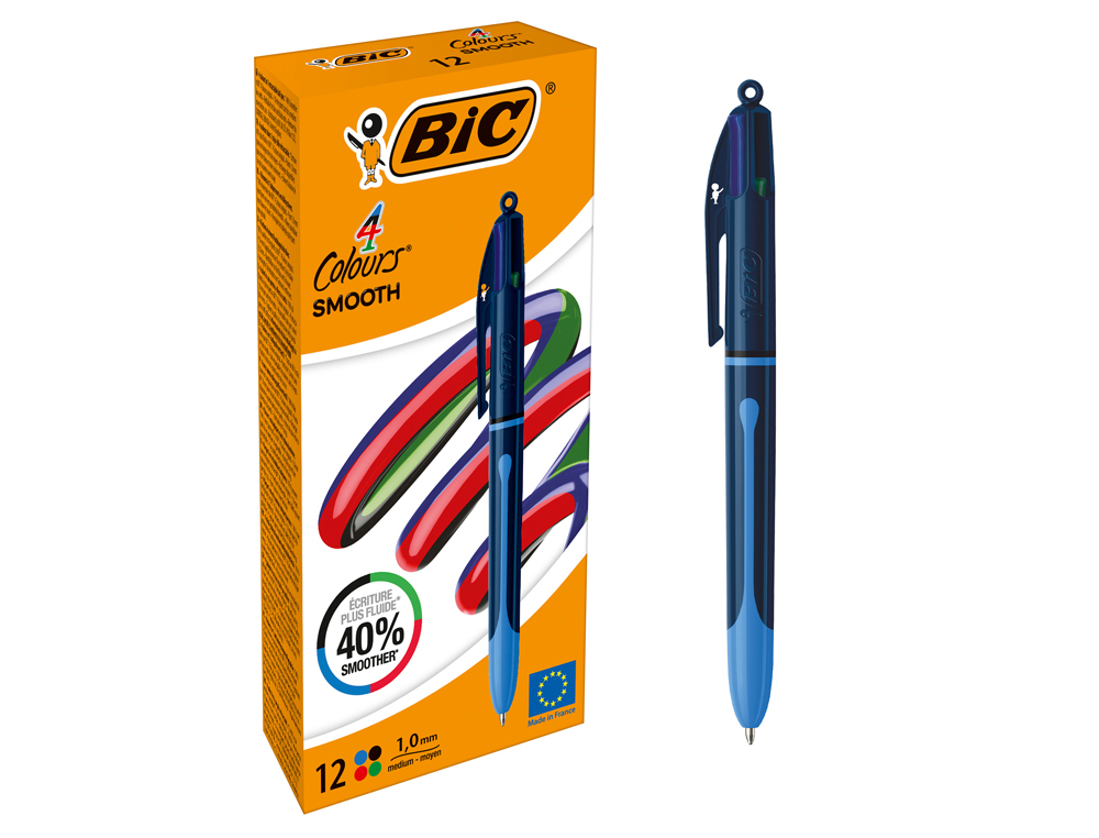 STYLO-BILLE BIC 4 COULEURS SMOOTH PRO POINTE MOYENNE 1MM RETRACTABLE RECHARGEABLE      CORPS BICOLORE BLEU FONCE /