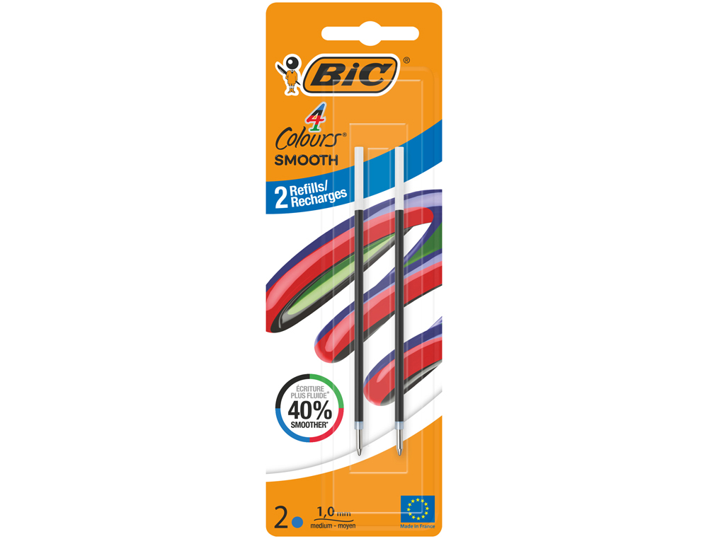 RECHARGE BIC STYLO-BILLE 4 COULEURS SMOOTH POINTE        MOYENNE 1MM ENCRE BLEUE       BLISTER 2 UNITES