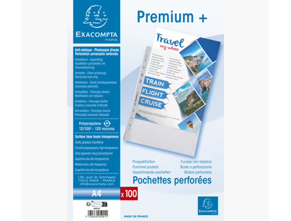 POCHETTE PERFOREE EXACOMPTA A4 PP LISSE 7/100EME 120      MICRONS PAQUET 100 UNITES