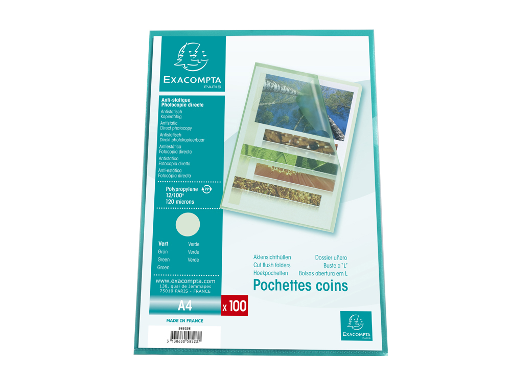 POCHETTE COIN EXACOMPTA A4 PP GRAINE 12/100EME 120 MICRONS  COLORIS VERT PAQUET 100       UNITES