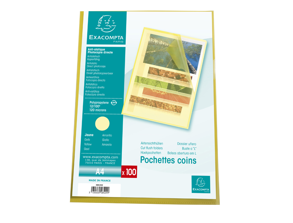 POCHETTE COIN EXACOMPTA A4 PP GRAINE 12/100EME 120 MICRONS  COLORIS JAUNE PAQUET 100      UNITES
