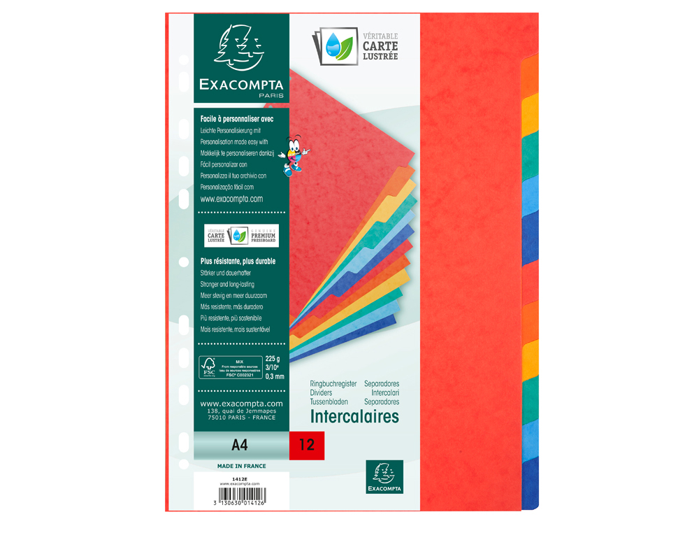 INTERCALAIRE EXACOMPTA CARTE LUSTREE 225GR A4 12 POSITIONS COLORIS ASSORTIS