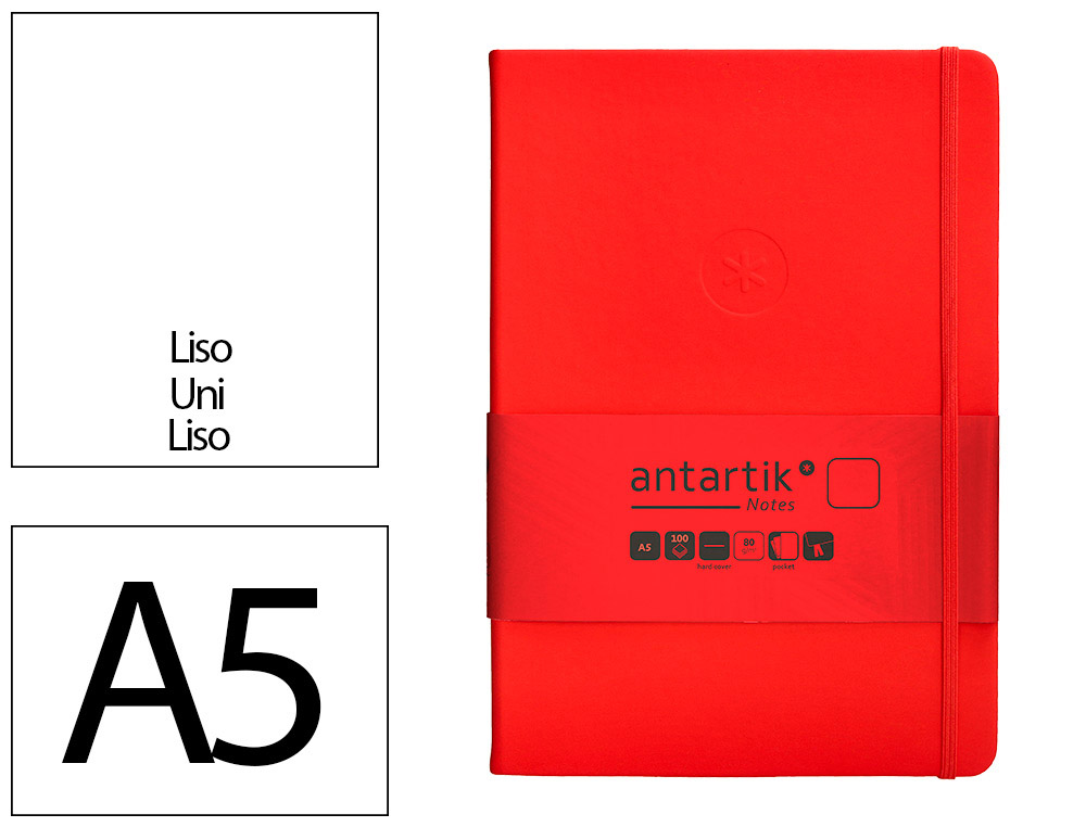 CARNET A5 ANTARTIK NOTES PAPIER UNI IVOIRE COUVERTURE  RIGIDE FERMETURE ELASTIQUE 200PAGES 80GR COLORIS ROUGE