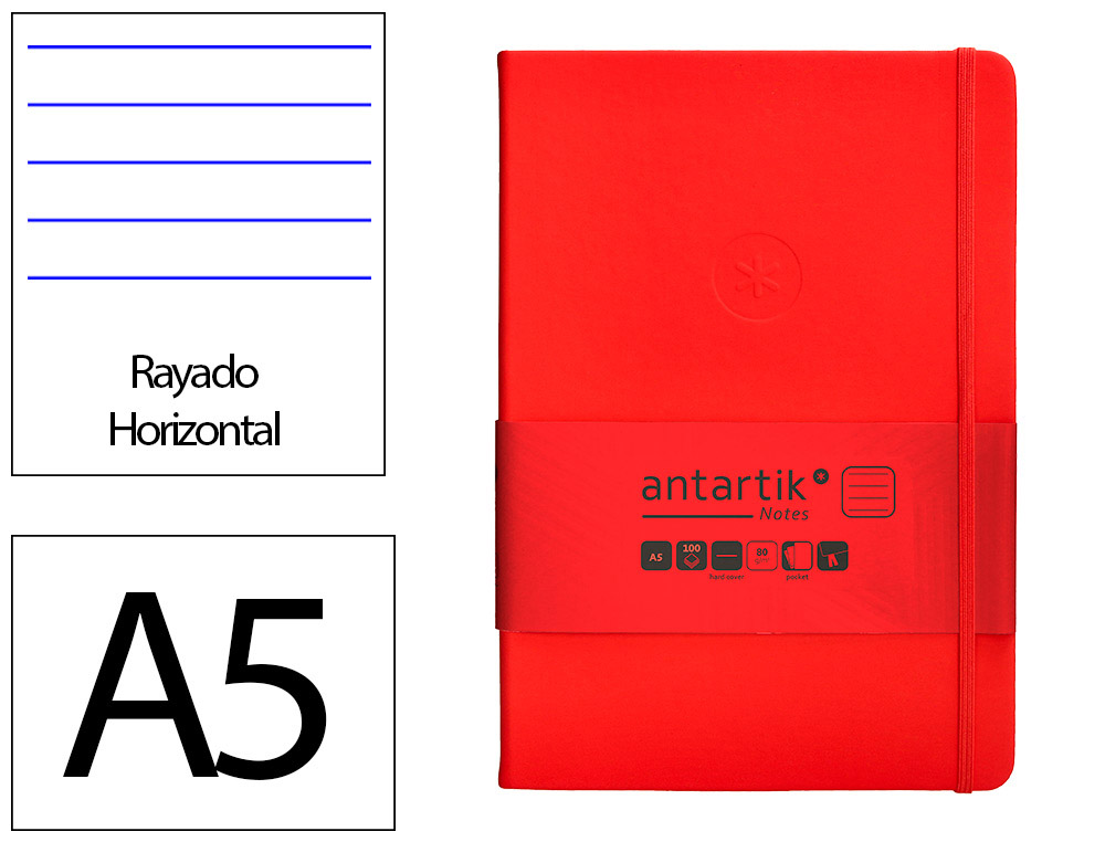 CARNET A5 ANTARTIK NOTES LIGNECOUVERTURE RIGIDE FERMETURE   ELASTIQUE 200 PAGES 80GR      COLORIS ROUGE