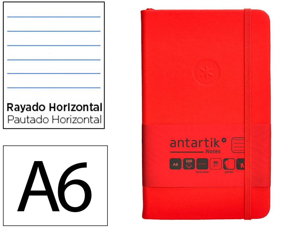 CARNET FERMETURE ELASTIQUE ANTARTIK NOTES COUVERTURE     RIGIDE A6 LIGNE 100 FEUILLES  80GR FSC COLORIS ROUGE