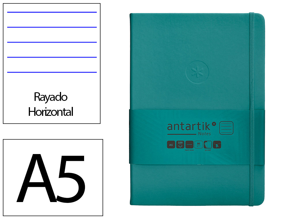 CARNET A5 ANTARTIK NOTES LIGNECOUVERTURE RIGIDE FERMETURE   ELASTIQUE 200 PAGES 80GR      COLORIS VERT PAON