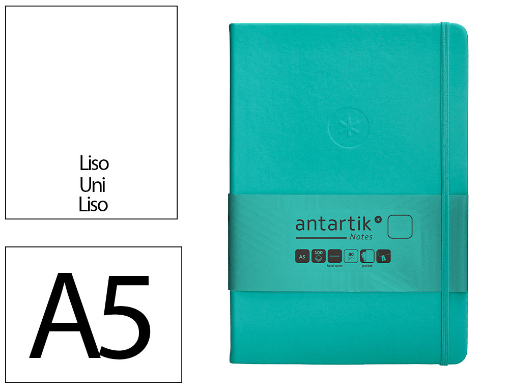 CARNET A5 ANTARTIK NOTES PAPIER UNI IVOIRE COUVERTURE  RIGIDE FERMETURE ELASTIQUE 200PAGES 80GR COLORIS TURQUOISE