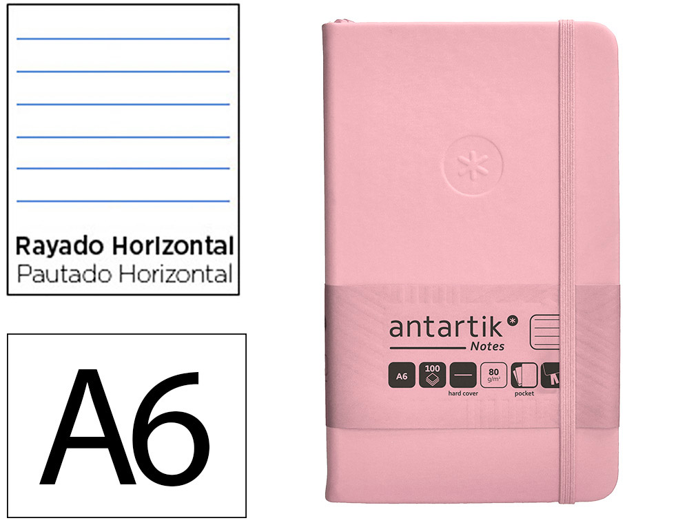 CARNET FERMETURE ELASTIQUE ANTARTIK NOTES COUVERTURE     RIGIDE A6 LIGNE 100 FEUILLES  80GR FSC COLORIS ROSE PASTEL