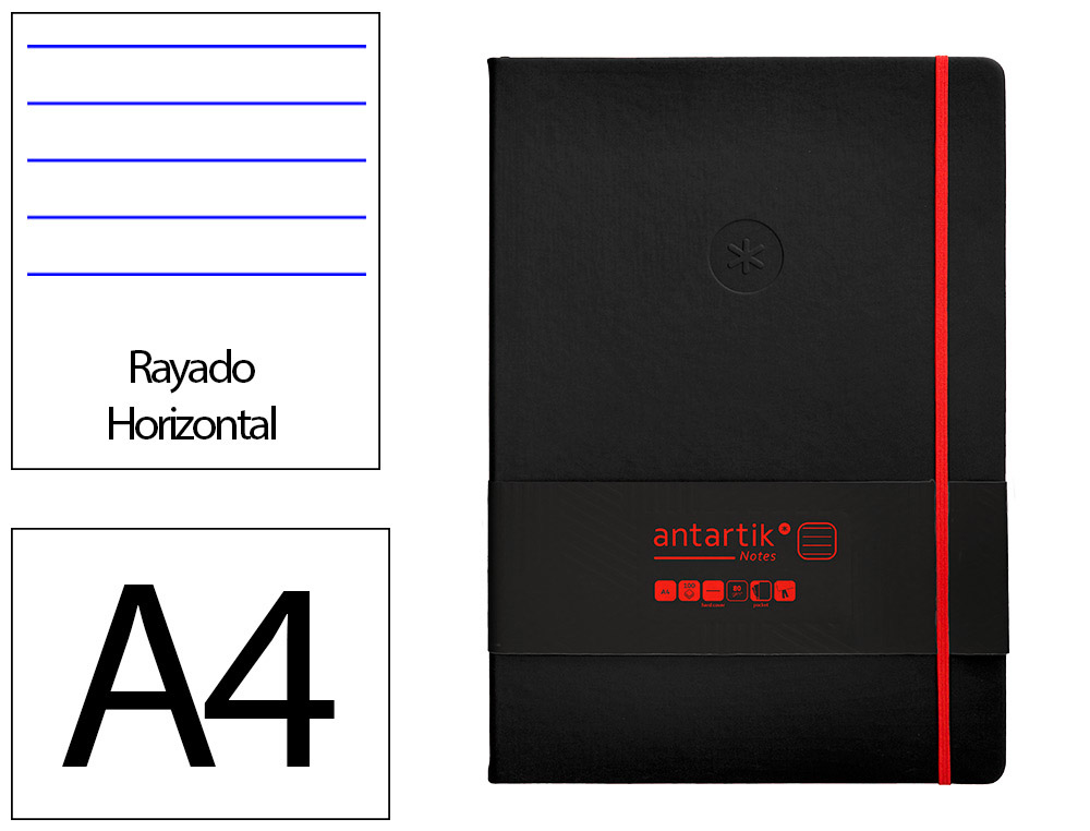 CARNET A4 ANTARTIK NOTES LIGNECOUVERTURE RIGIDE FERMETURE   ELASTIQUE ROUGE 200 PAGES 80GRCOLORIS NOIR