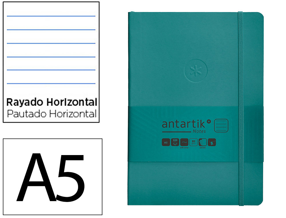 CARNET A5 ANTARTIK NOTES LIGNECOUVERTURE SOUPLE FERMETURE   ELASTIQUE 200 PAGES 80GR      COLORIS VERT PAON