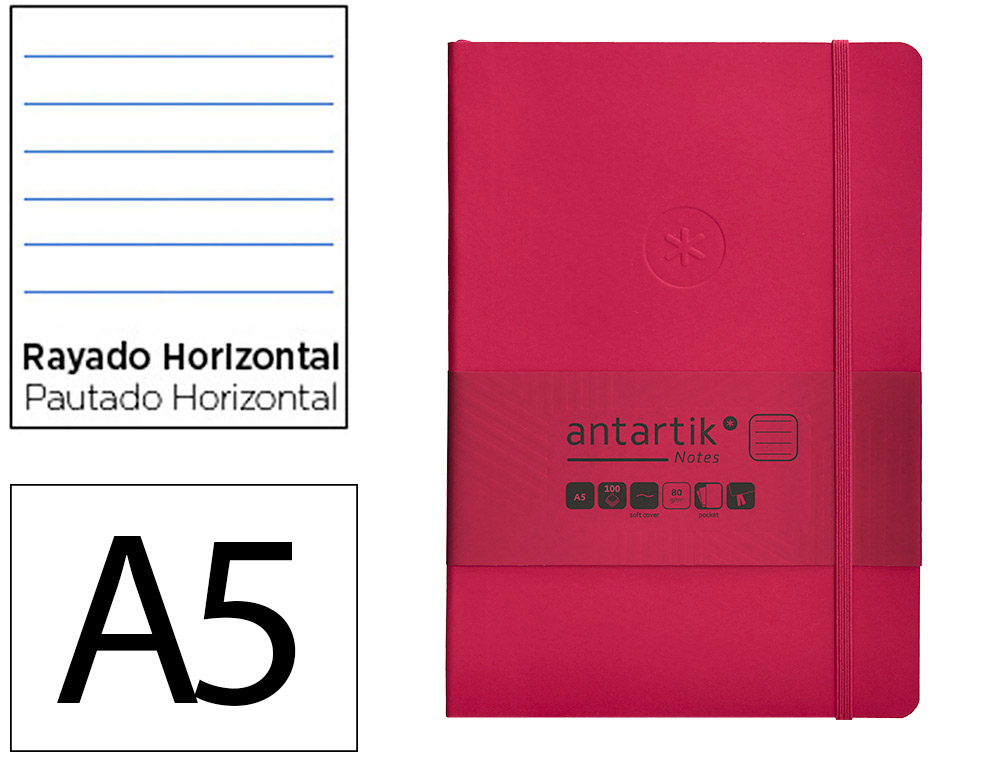 CARNET A5 ANTARTIK NOTES LIGNECOUVERTURE SOUPLE FERMETURE   ELASTIQUE 200 PAGES 80GR      COLORIS FRAMBOISE