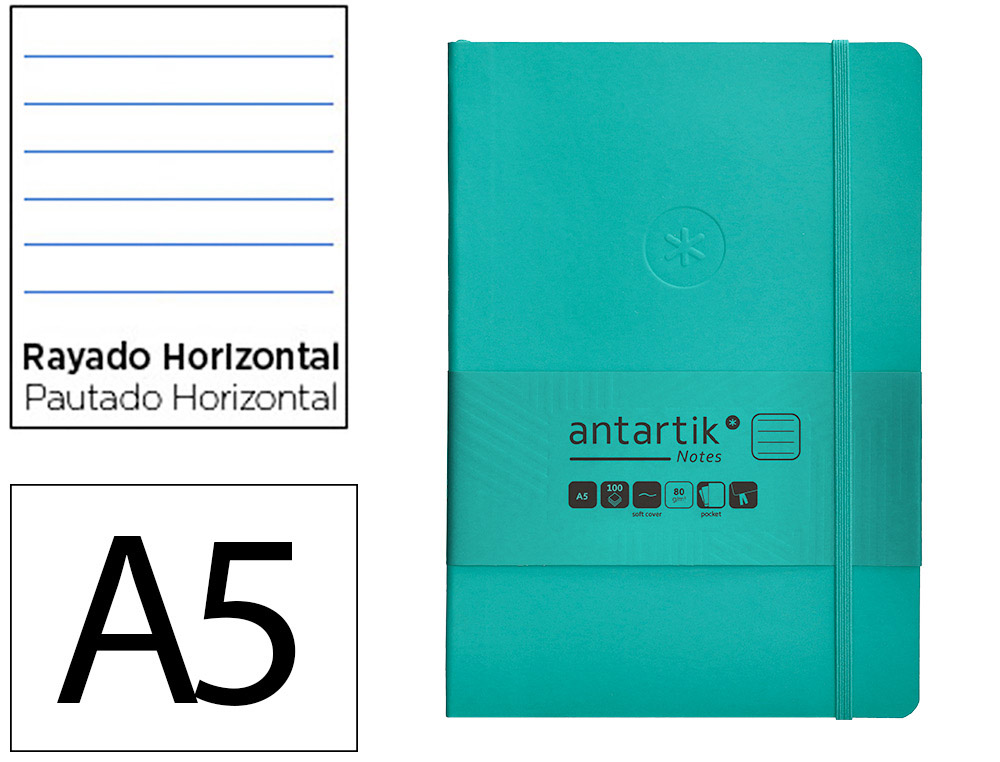 CARNET A5 ANTARTIK NOTES LIGNECOUVERTURE SOUPLE FERMETURE   ELASTIQUE 200 PAGES 80GR      COLORIS VERT MENTHE