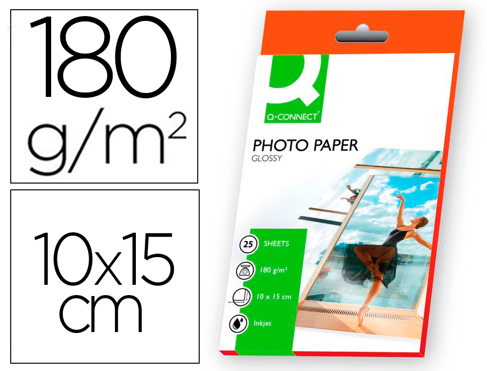 PAPIER PHOTO Q-CONNECT JET D'ENCRE GLAC BRILLANT 100X150   MM 180G/M2 COMPATIBLE TOUTE   IMPRIMANTE PAQUET 25 FEUILLES
