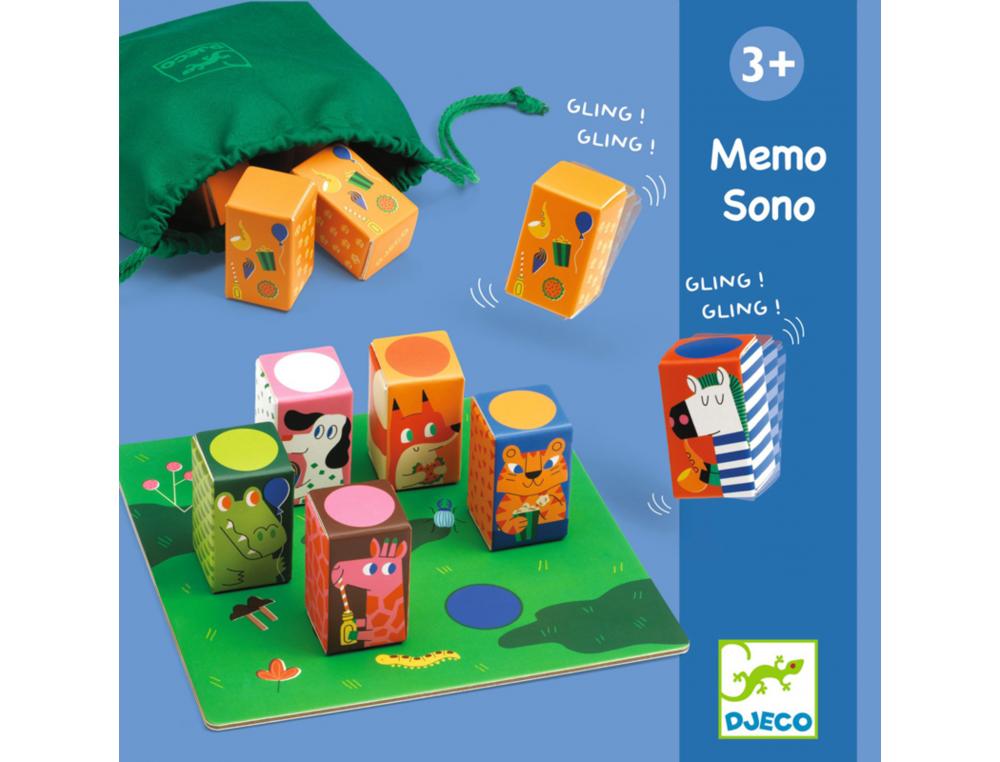 MEMO DJECO MEMO SONO JEU EDUCATIF RETROUBVER LES       PAIRES 12 CUBES 1 SAC EN      TISSU 1 PLATEAU DE JEU