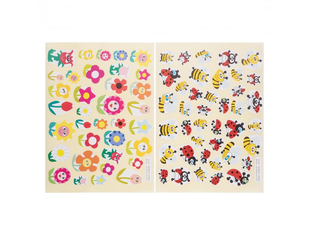 GOMMETTE FANTAISIE CLEOPATRE FLEURS ABEILLES COCCINELLES   PLANCHE A5 720 GOMMETTES      POCHETTE DE 20  PLANCHES