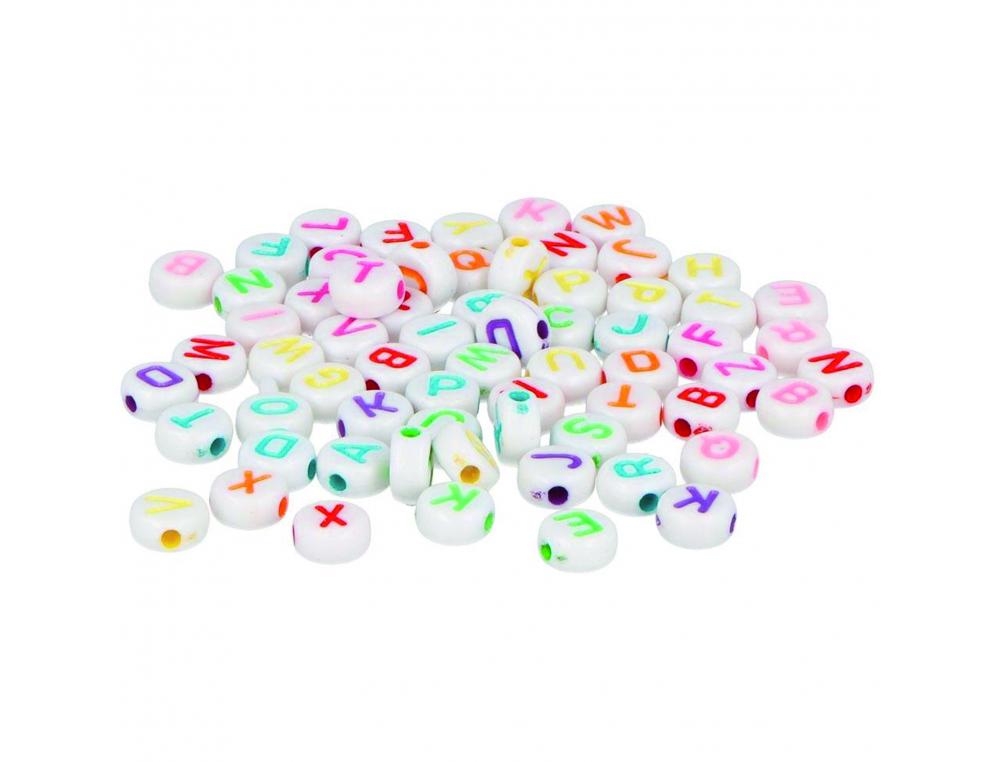 PERLE PLASTIQUE INNSPIRO FORME RONDE PLATE 7MM         IMPRIMEE ALPHABET COULEUR SUR FOND BLANC LOT DE 1200 PERLES